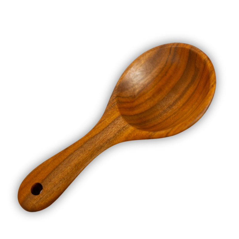 Handcrafted wooden scoop with a smooth finish, ideal for measuring coffee, spices, or dry ingredients. Made from natural wood, featuring a sturdy handle with a hanging hole for convenience.