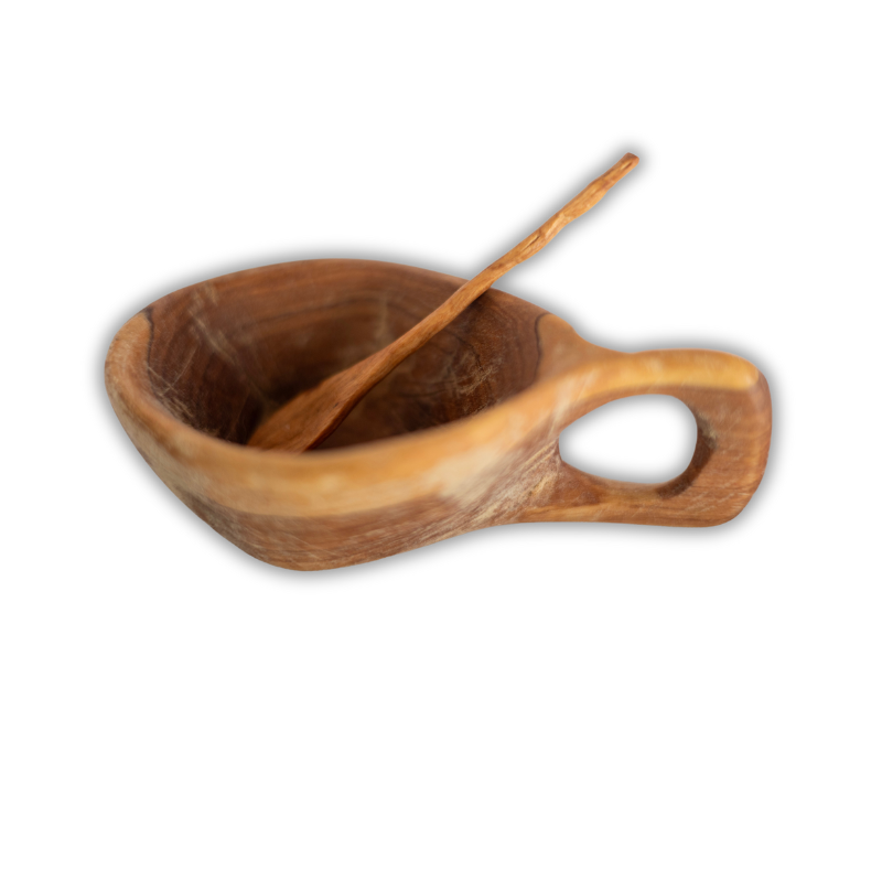 Handcrafted wooden spice bowl with an integrated handle and matching spoon, showcasing a natural, rustic design. Perfect for serving or storing spices, salt, or condiments in style.