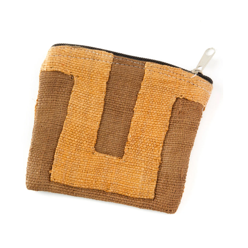 Handwoven, rectangular pouch with a zipper closure, featuring a two-tone design in earthy brown and mustard hues. Made of natural fiber materials, showcasing a textured and artisanal look.