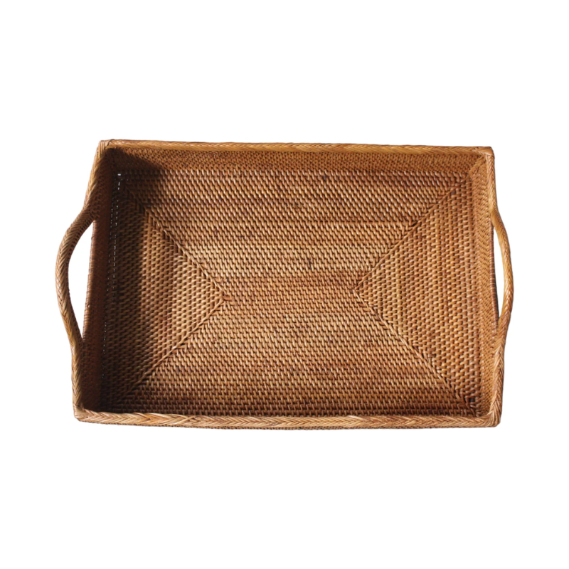 Handwoven rectangular rattan tray with sturdy handles, featuring a natural woven texture. Perfect for serving, organizing, or adding a rustic touch to your home decor.