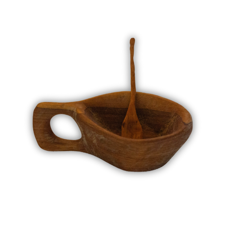 Handcrafted wooden spice bowl with an integrated handle and matching spoon, showcasing a natural, rustic design. Perfect for serving or storing spices, salt, or condiments in style.