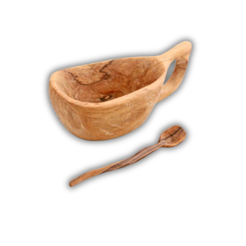 Handcrafted wooden spice bowl with an integrated handle and matching spoon, showcasing a natural, rustic design. Perfect for serving or storing spices, salt, or condiments in style.