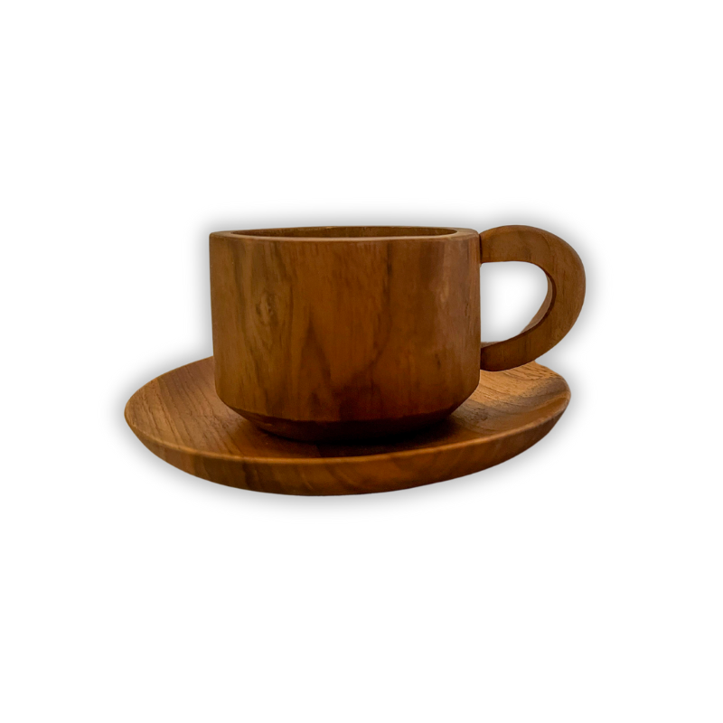 Handcrafted wooden cup and saucer set, made from natural teak wood. Features a smooth, elegant finish and ergonomic handle, perfect for serving coffee, tea, or small desserts in rustic style.