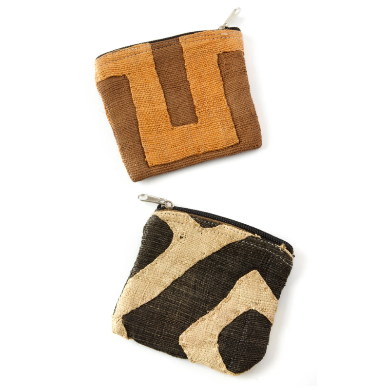 Set of two handwoven zipper pouches, featuring natural fiber designs. One pouch has a bold brown and mustard pattern, while the other showcases an abstract black and beige design, both with artisanal texture and craftsmanship.